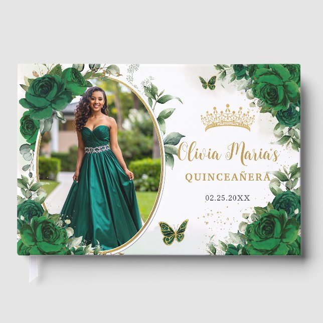 Chic Emerald Grönt Blommigt Guld Quinceanera Photo Gästböcker (Framsida)