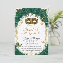 Chic Emerald Grönt Blommigt Guld Sweet 16 Masquera Inbjudningar