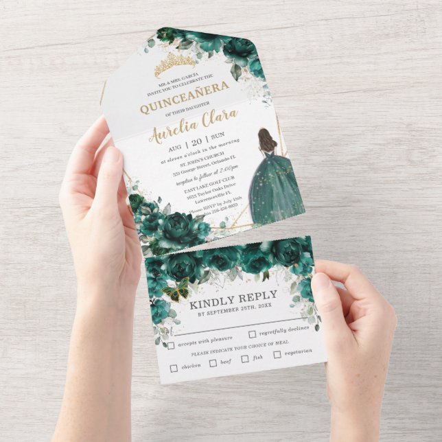 Chic Emerald Grönt Blommigt Princess Quinceañera (Tearaway)