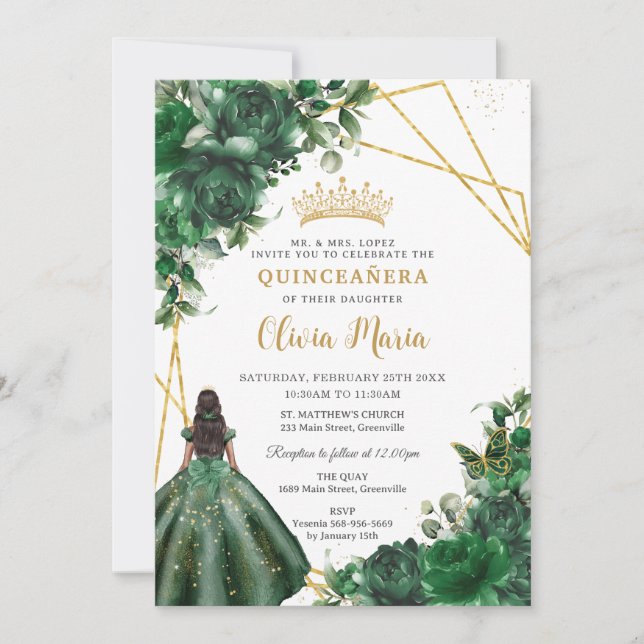 Chic Emerald Grönt Blommigt Princess Quinceañera Inbjudningar (Framsida)