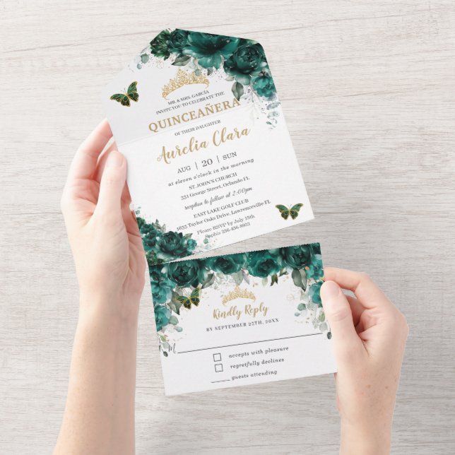 Chic Emerald Grönt Blommigt Quinceanera Butterflie (Avrivbar del)