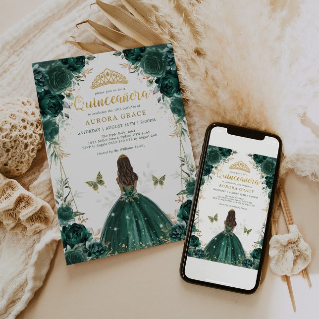 Chic Emerald Grönt Blommigt Quinceañera Princess Inbjudningar (Skapare uppladdad)