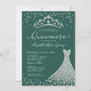 Chic Emerald Grönt Diamond Tiara Gown Quinceanera Inbjudningar