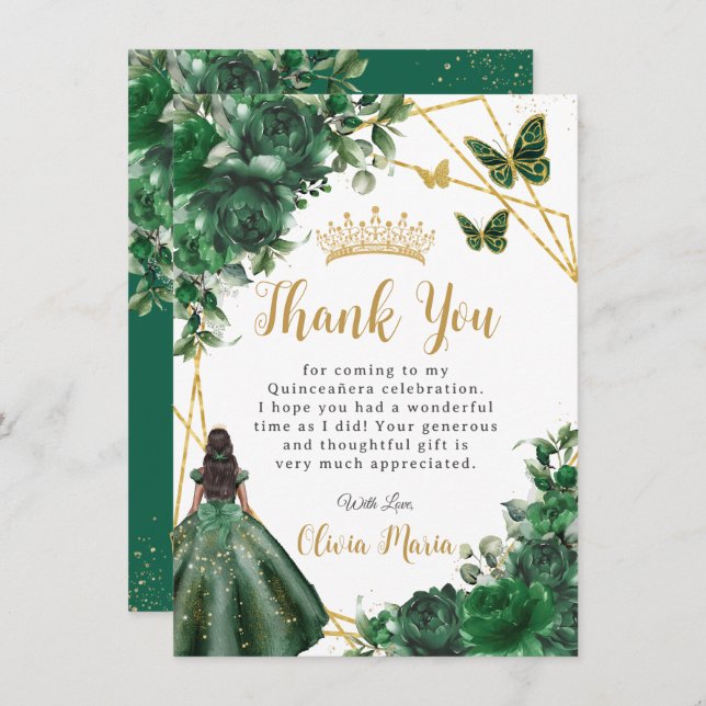 Chic Emerald Grönt Flowers Blommigt Quinceañera Tack Kort (Fram/baksida)