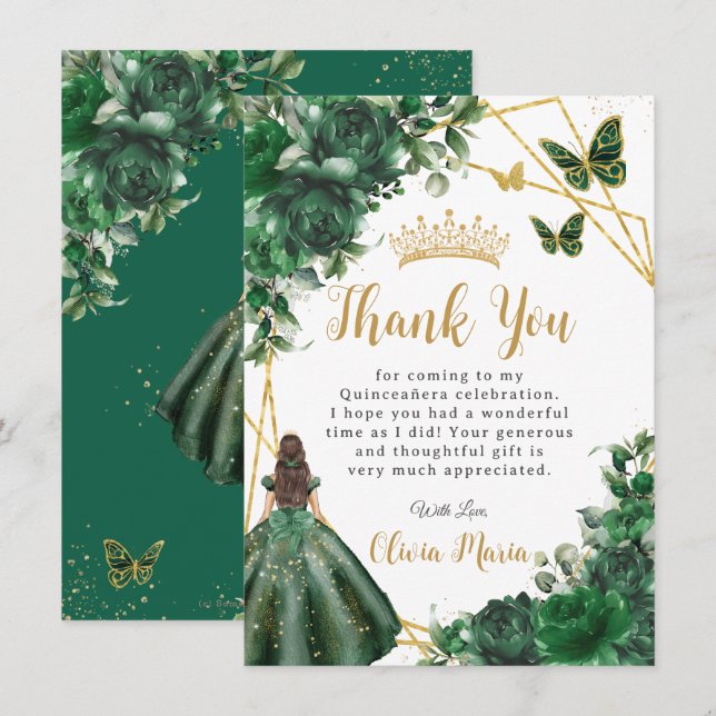 Chic Emerald Grönt Flowers Blommigt Quinceañera Tack Kort (Fram/baksida)