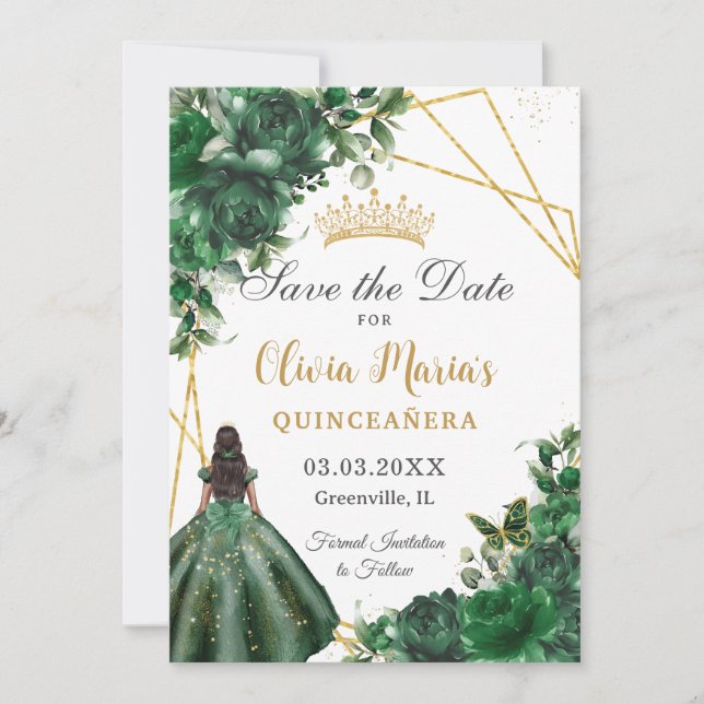 Chic Emerald Grönt Flowers Brown Girl Quinceañera Spara Datumet (Framsida)