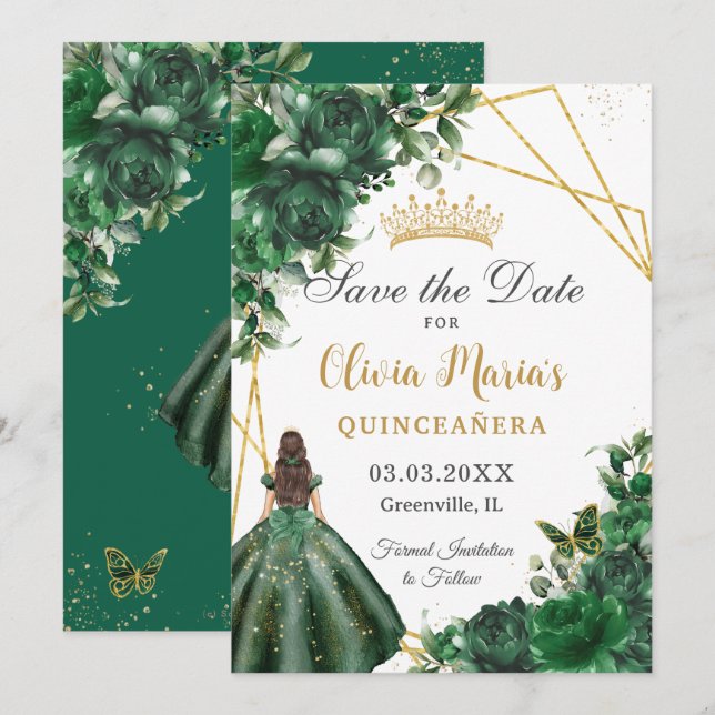 Chic Emerald Grönt Flowers Princess Quinceañera Spara Datumet (Fram/baksida)