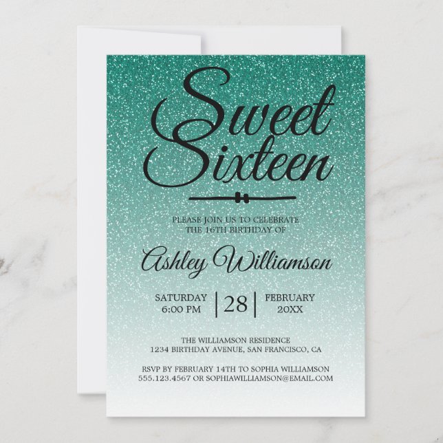 Chic Emerald Grönt Glitter Ombre Sweet 16 Birthday Inbjudningar (Framsida)
