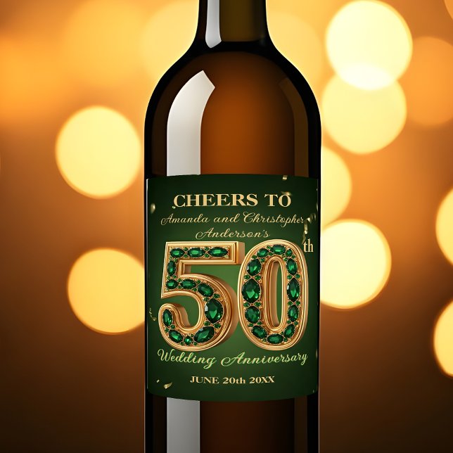 Chic Emerald Grönt & Guld 50:e Bröllop-årsdagen Vinflaska Etikett (Skapare uppladdad)