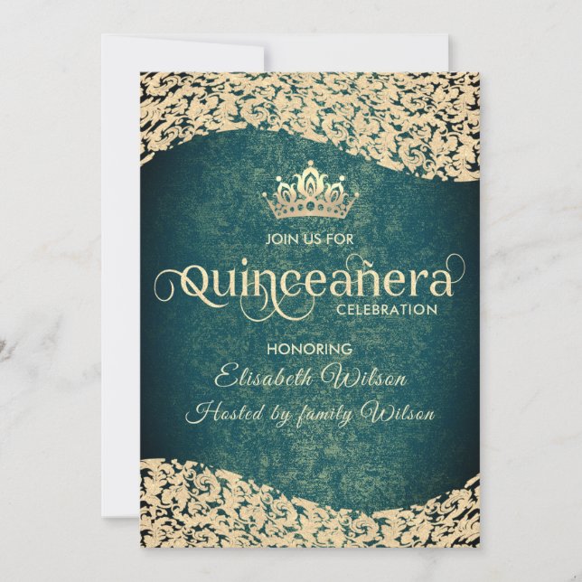 Chic Emerald grönt guld damask tiara Quinceañera Inbjudningar (Framsida)