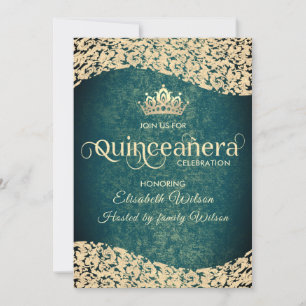 Chic Emerald grönt guld damask tiara Quinceañera Inbjudningar