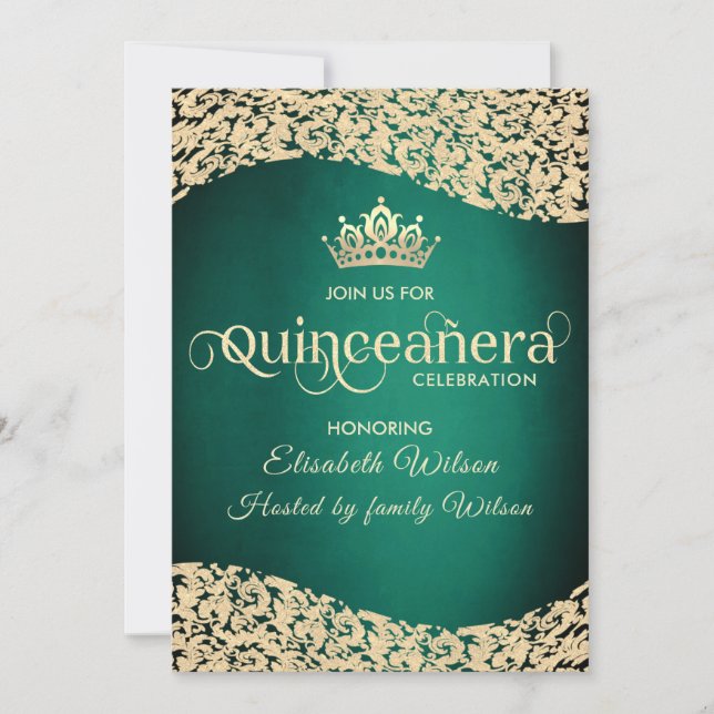 Chic Emerald grönt guld damask tiara Quinceañera Inbjudningar (Framsida)