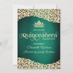 Chic Emerald grönt guld damask tiara Quinceañera Inbjudningar