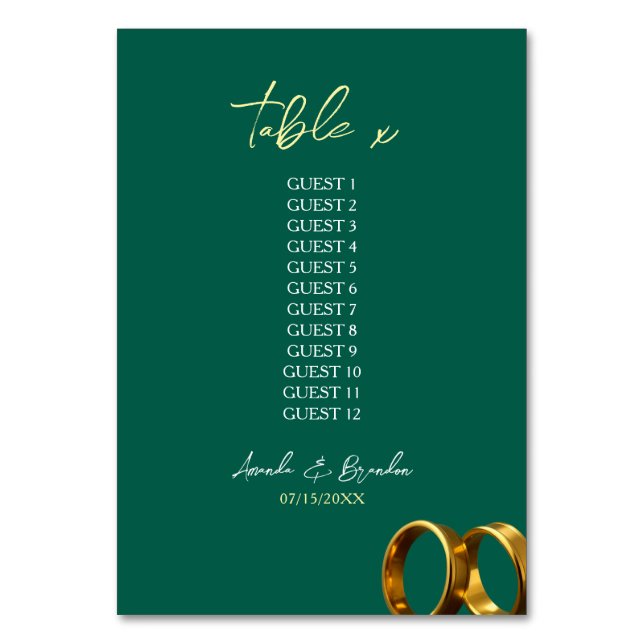 Chic Emerald Grönt Guld Ringar Bröllop Bordsnummer (Framsidan)