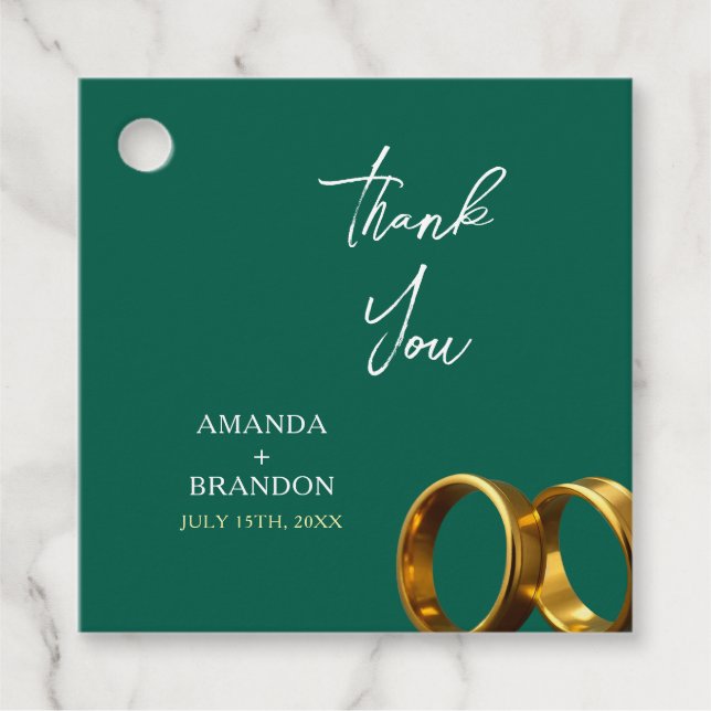Chic Emerald Grönt Guld Ringar Bröllop Gåvor Etiketter (Framsida)
