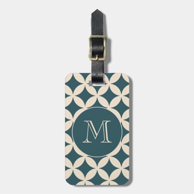 Chic Emerald Ivory Geometric Mönster Monogram Bagagebricka (Vertikal Framsida)