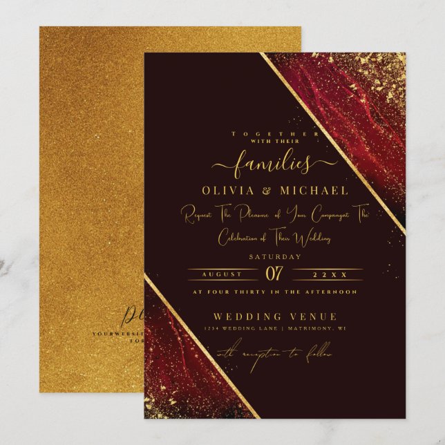 CHIC EMERALED RED MÖRK FOIL ABSTRAKT AGATE BRÖLLOP INBJUDNINGAR (Fram/baksida)