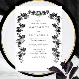 Chic Enchanting Black Botanical Garlands Bröllop Inbjudningar