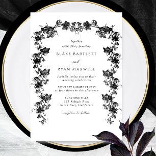 Chic Enchanting Black Botanical Garlands Bröllop Inbjudningar