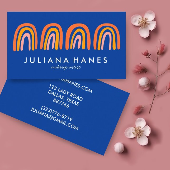 Chic Enkel Rosa Orange Blå regnbågar Visitkort (Pink rainbows on a deep blue background on these custom business cards)