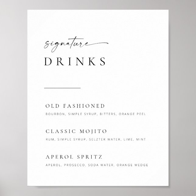 Chic + Enkelt skript Bröllop Namnteckning Drinks-t Poster (Framsidan)