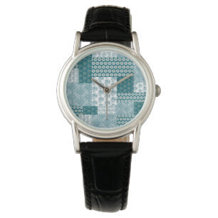 Chic Ethnic Faux Patchwork Mönster, Teal and White Armbandsur
