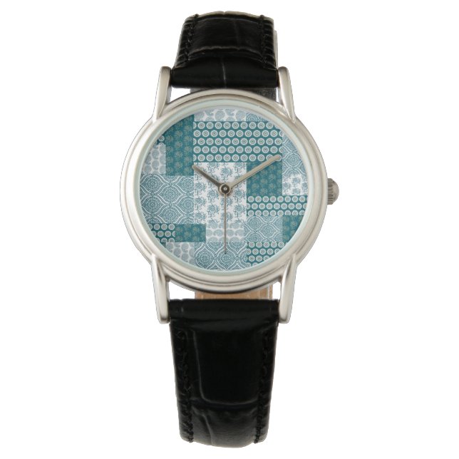 Chic Ethnic Faux Patchwork Mönster, Teal and White Armbandsur (Framsida)