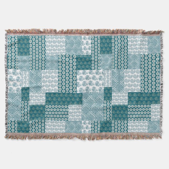 Chic Ethnic Faux Patchwork Mönster, Teal and White Filt (Framsidan)