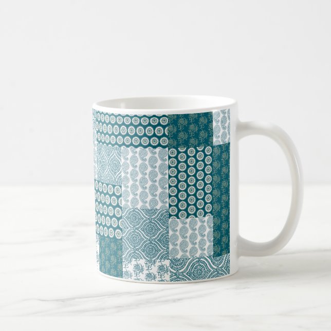 Chic Ethnic Faux Patchwork Mönster, Teal and White Kaffemugg (Höger)