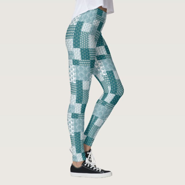 Chic Ethnic Faux Patchwork Mönster, Teal and White Leggings (Höger)