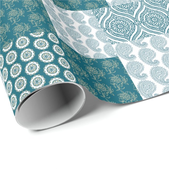 Chic Ethnic Faux Patchwork Mönster, Teal and White Presentpapper (Rullad Hörn)