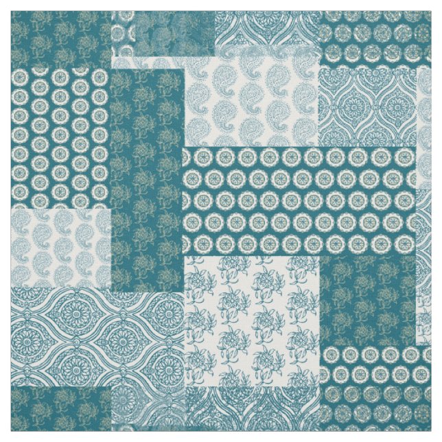 Chic Ethnic Faux Patchwork Mönster, Teal and White Tyg (Provkarta)