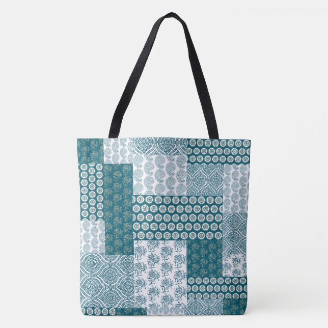 Chic Ethnic Faux Patchwork Mönster, Teal and White Tygkasse (Framsida)