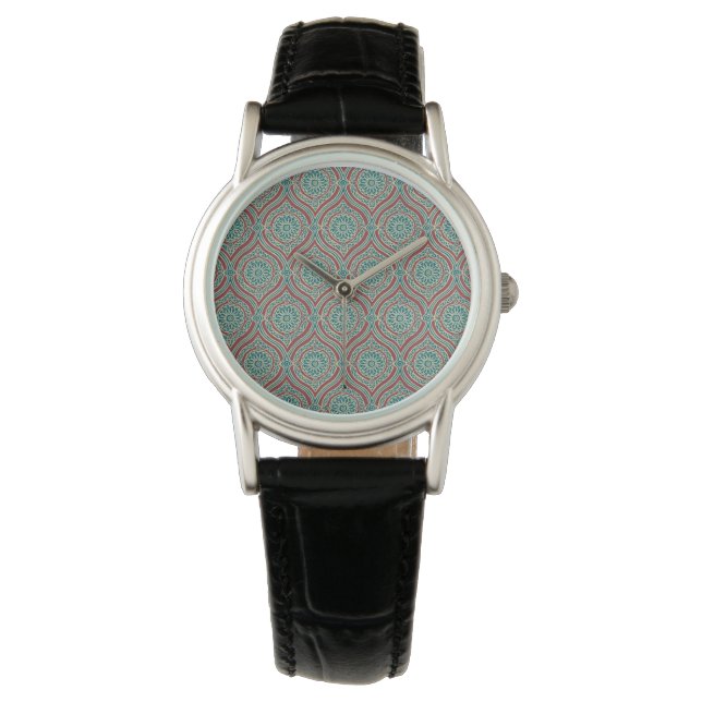 Chic Ethnic Ogee Mönster i Maroon, Teal och Beige Armbandsur (Framsida)