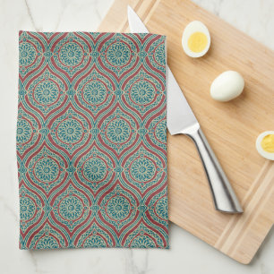 Chic Ethnic Ogee Mönster i Maroon, Teal och Beige Kökshandduk