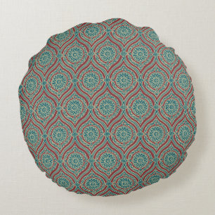 Chic Ethnic Ogee Mönster i Maroon, Teal och Beige Rund Kudde
