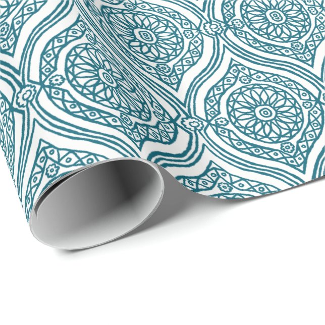 Chic Ethnic Ogee Mönster i Teal on White Presentpapper (Rullad Hörn)