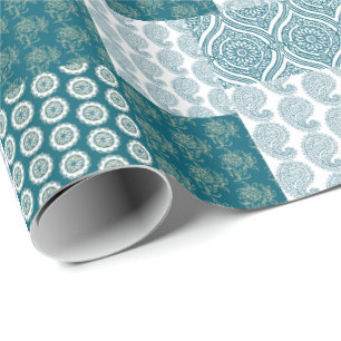 Chic etniskt FauxPatchworkmönster, kricka och vit Presentpapper