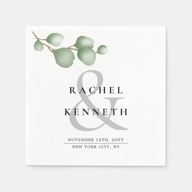 Chic Eucalyptus Black & White Minimalist Bröllop Pappersservett (Framsidan)