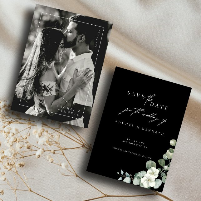 Chic Eucalyptus Black & White Photo Save Date (Skapare uppladdad)