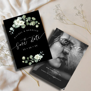 Chic Eucalyptus Black & White Photo Save Date