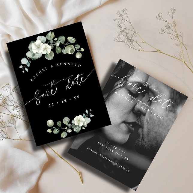 Chic Eucalyptus Black & White Photo Save Date (Skapare uppladdad)