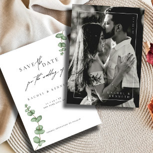 Chic Eucalyptus Black & White Photo Save Date