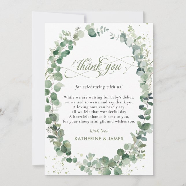 Chic Eucalyptus Greenery Baby Shower Birthday  Tack Kort (Framsida)