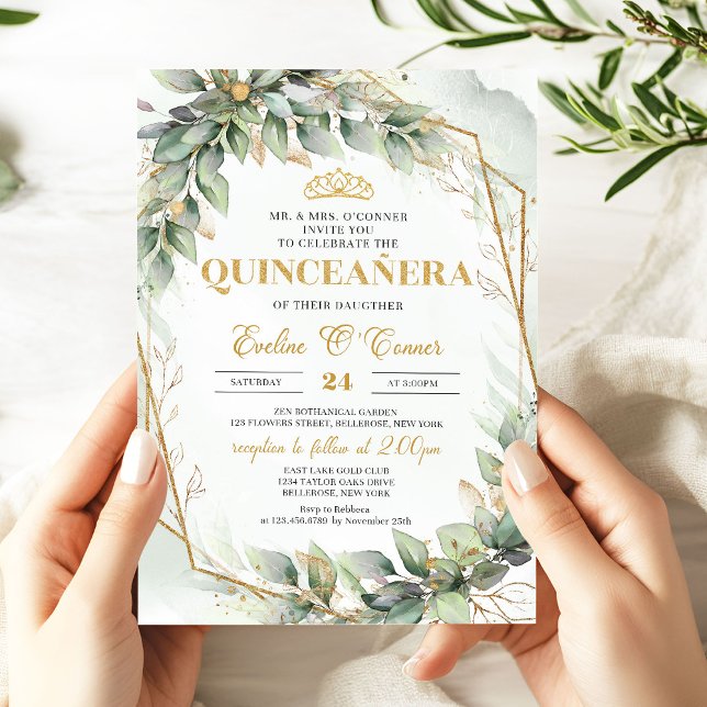 Chic eucalyptus greenery guld glitter Quinceañera Inbjudningar (Lavish eucalyptus greenery gold glitter quinceanera invitation with gold tiara)