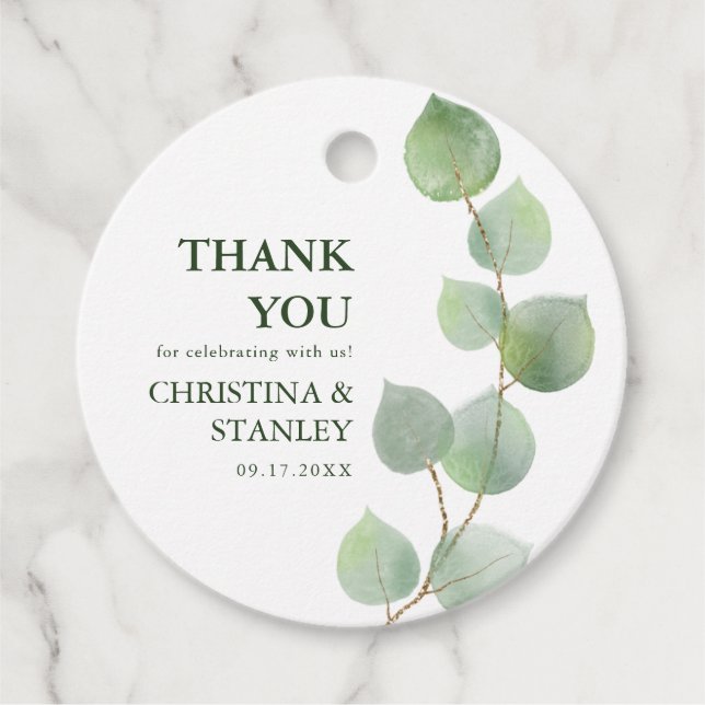 Chic Eucalyptus Greenery & Guld Tack Gåvor Etiketter (Framsida)