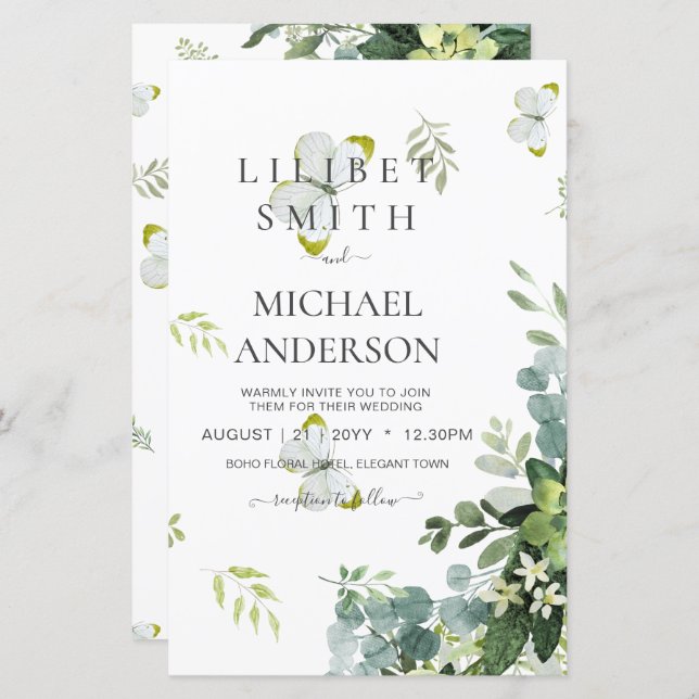 Chic Eucalyptus Greenery Lövs Emerald Bröllop (Fram/baksida)