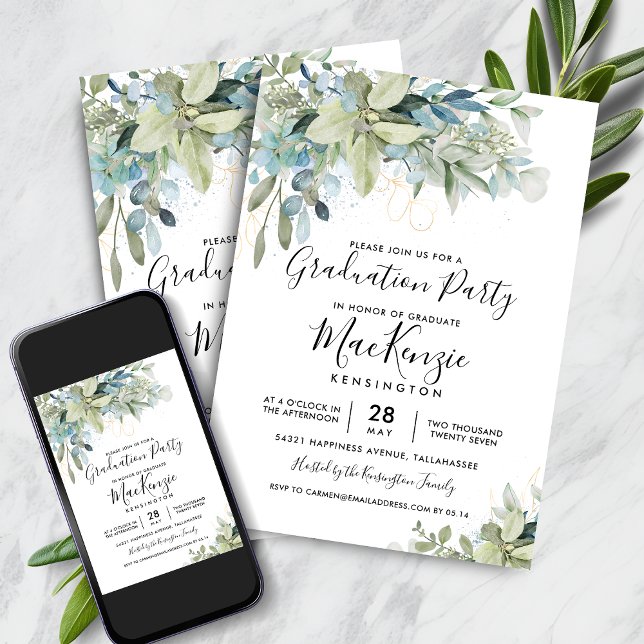 Chic Eucalyptus Greenery Studentfest Inbjudningar (Chic Eucalyptus Greenery Graduation Party Invitation with Instant Download)