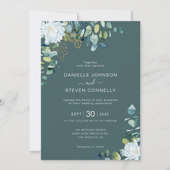 Chic eucalyptus greenery white blommor bröllop inbjudningar (Framsida)