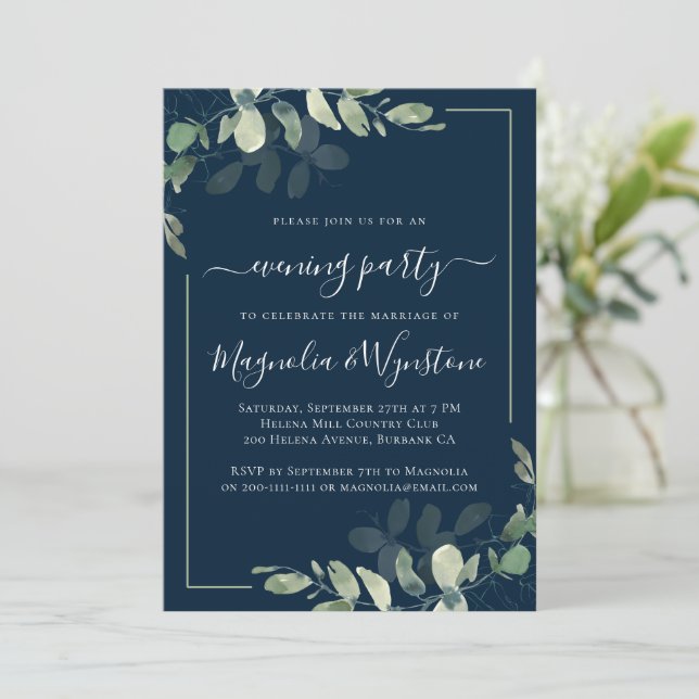 Chic Eucalyptus Navy Blue Wedding Reception Inbjudningar (Stående Fram)